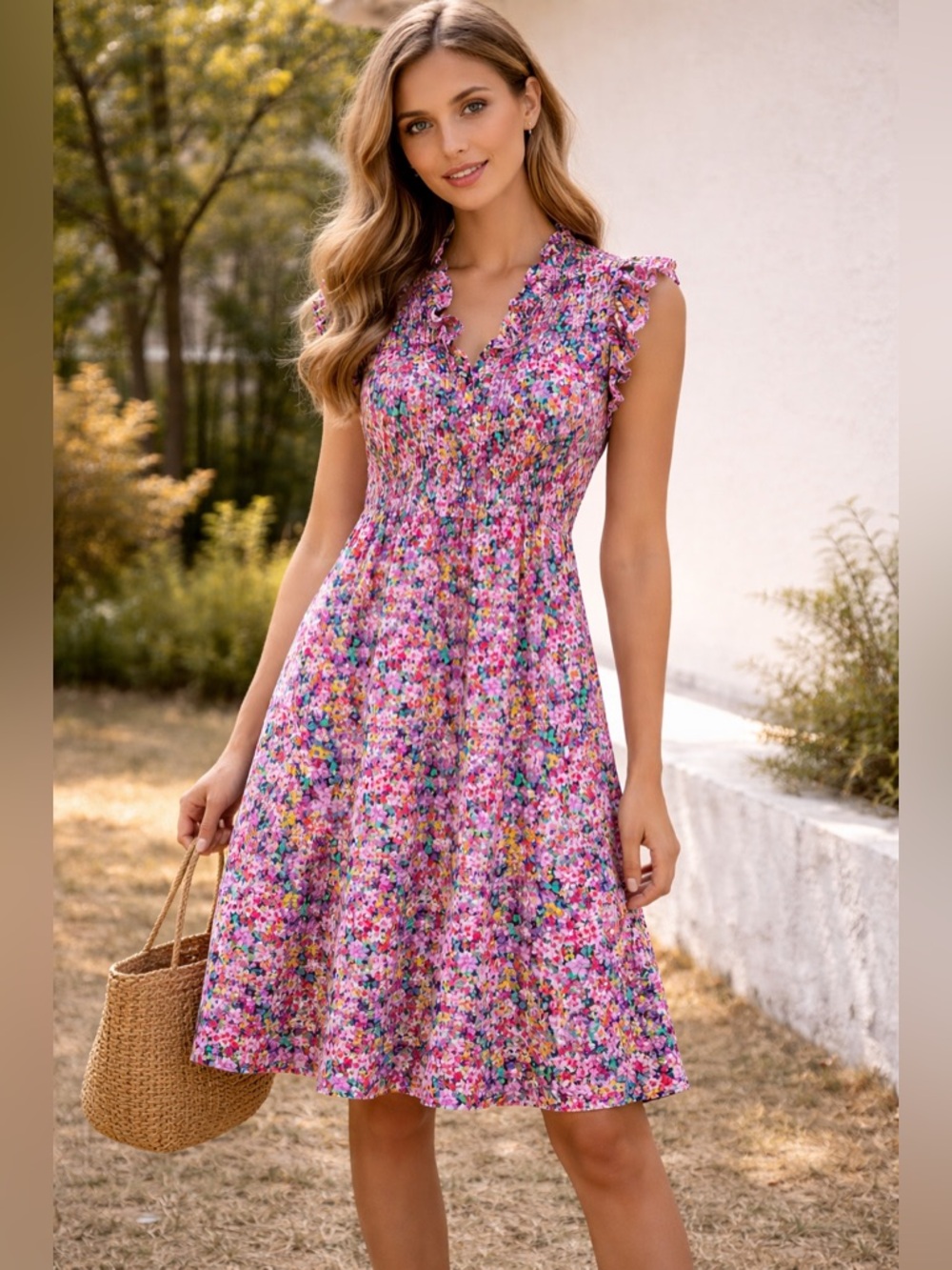 Caballero Colorful Floral Ruffle Neck Cotton Sleeveless Dress Small